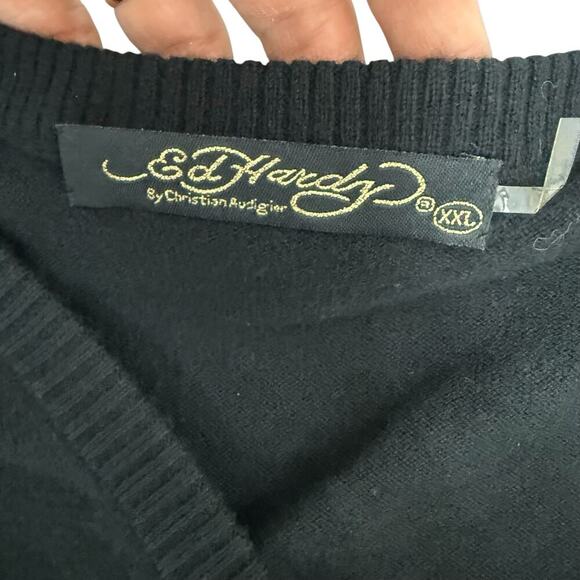 NWT Ed Hardy Wool Blend Tiger Rhinestone V-Neckline Sweater Black Men’s Size XXL - Picture 6 of 9